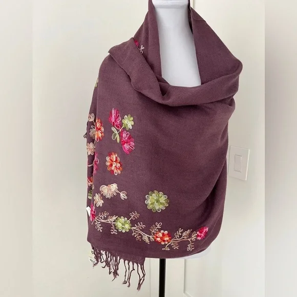 PASHMINA Floral Embroidery Oversize Pashmina Silk Blend Travel Luxury Cozy Chic - Picture 2 of 13